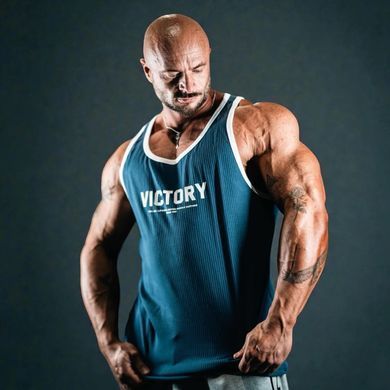 XXXL Explosivefibres "Victory" 100% Cotton Box Cut Tank (Petrol Blue) спортивна чоловіча майка для бодібілдингу. M-1462 фото