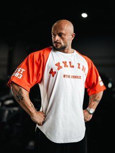 XXXL Explosivefibres "GYM JUNKIE " Old School Varsity Ragtop (Red/White) спортивна чоловіча футболка для бодібілдингу. F-1486 фото