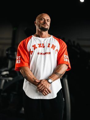XXXL Explosivefibres "GYM JUNKIE " Old School Varsity Ragtop (Red/White) спортивна чоловіча футболка для бодібілдингу. F-1486 фото