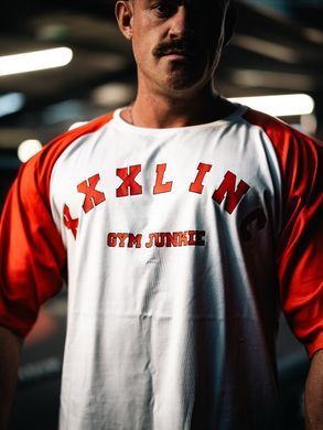 XXXL Explosivefibres "GYM JUNKIE " Old School Varsity Ragtop (Red/White) спортивна чоловіча футболка для бодібілдингу. F-1486 фото