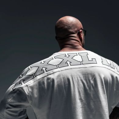 XXXL Explosivefibres " XXXL Inc" Signature Rag Top (Vintage White) спортивна чоловіча футболка для бодібілдингу. F-1487 фото