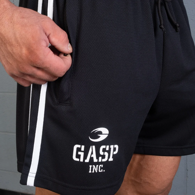 Gasp 2 Stripe Standard Mesh Shorts 4" (Black/White) спортивные мужские шорты для бодибилдинга. Ssh-1520 фото