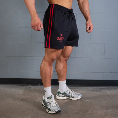 Gasp 2 Stripe Standard Mesh Shorts 4" (Black/Red) спортивные мужские шорты для бодибилдинга. Sst-1521 фото